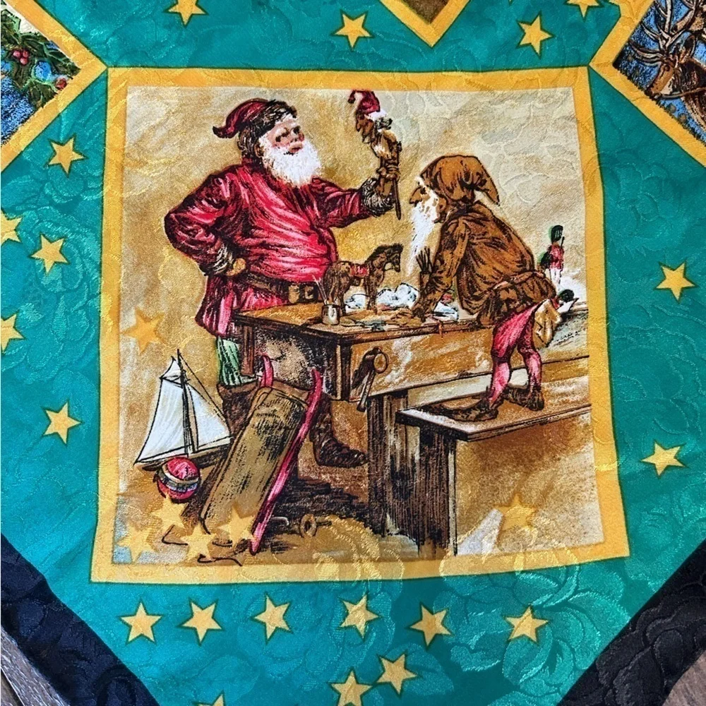 Vintage Old World Santa Christmas Scarf Holidays Bold Colors EUC